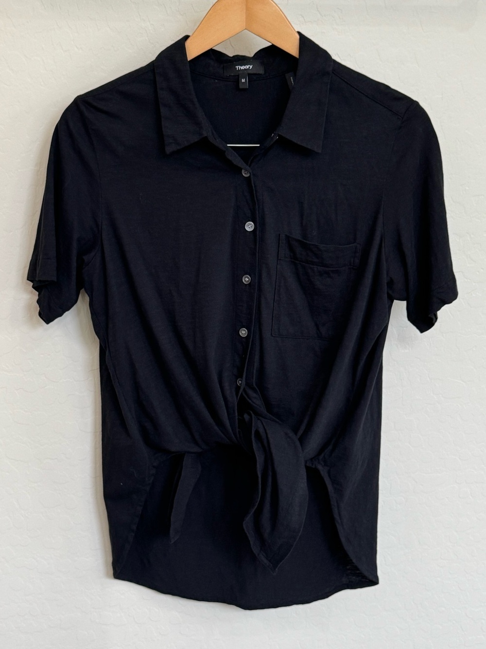 Theory Black Hekanina Sea Slub Cotton Tie-Front Short Sleeve Shirt Size M